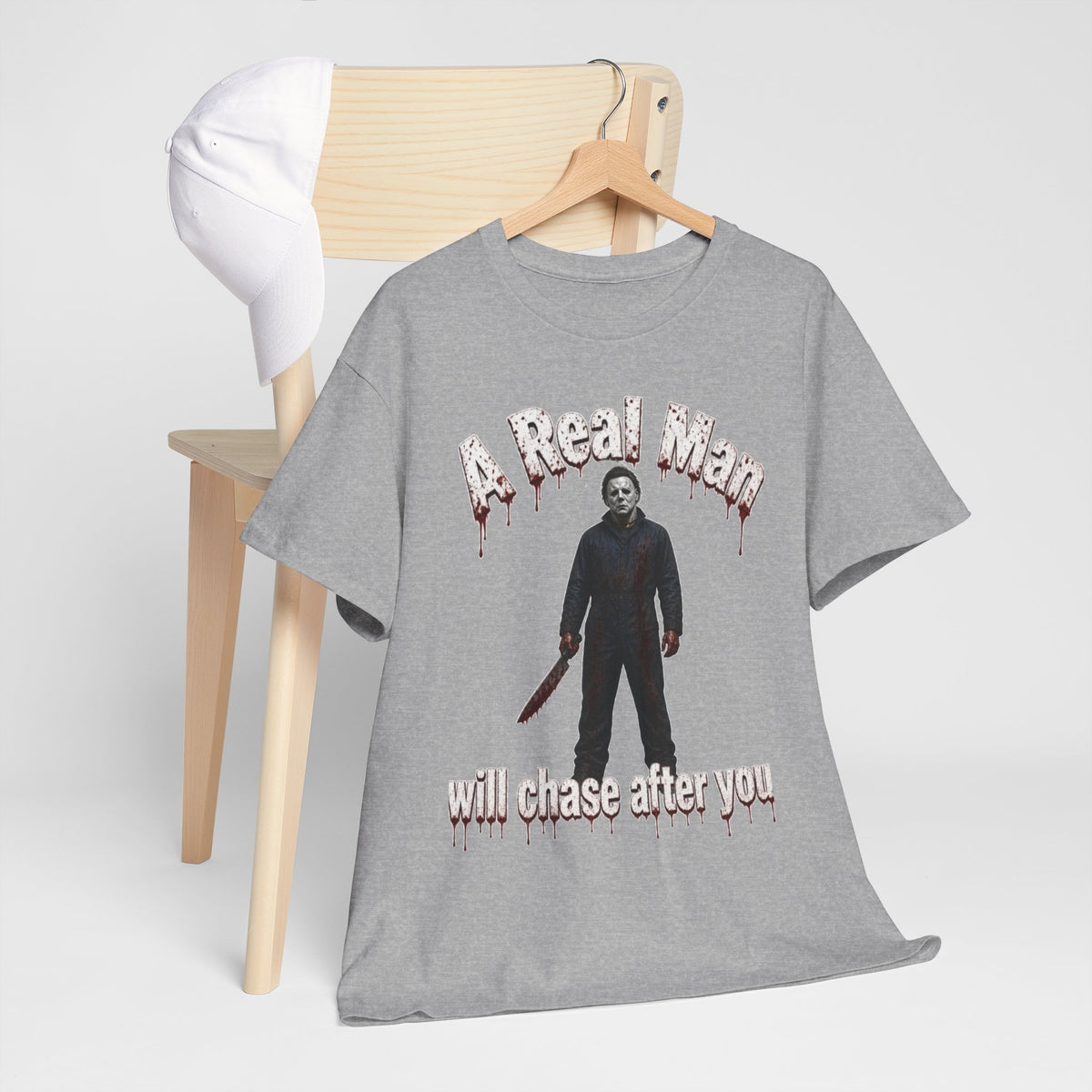Horror Graphic Tee — "A Real Man Will Chase After You" Michael Myers Shirt