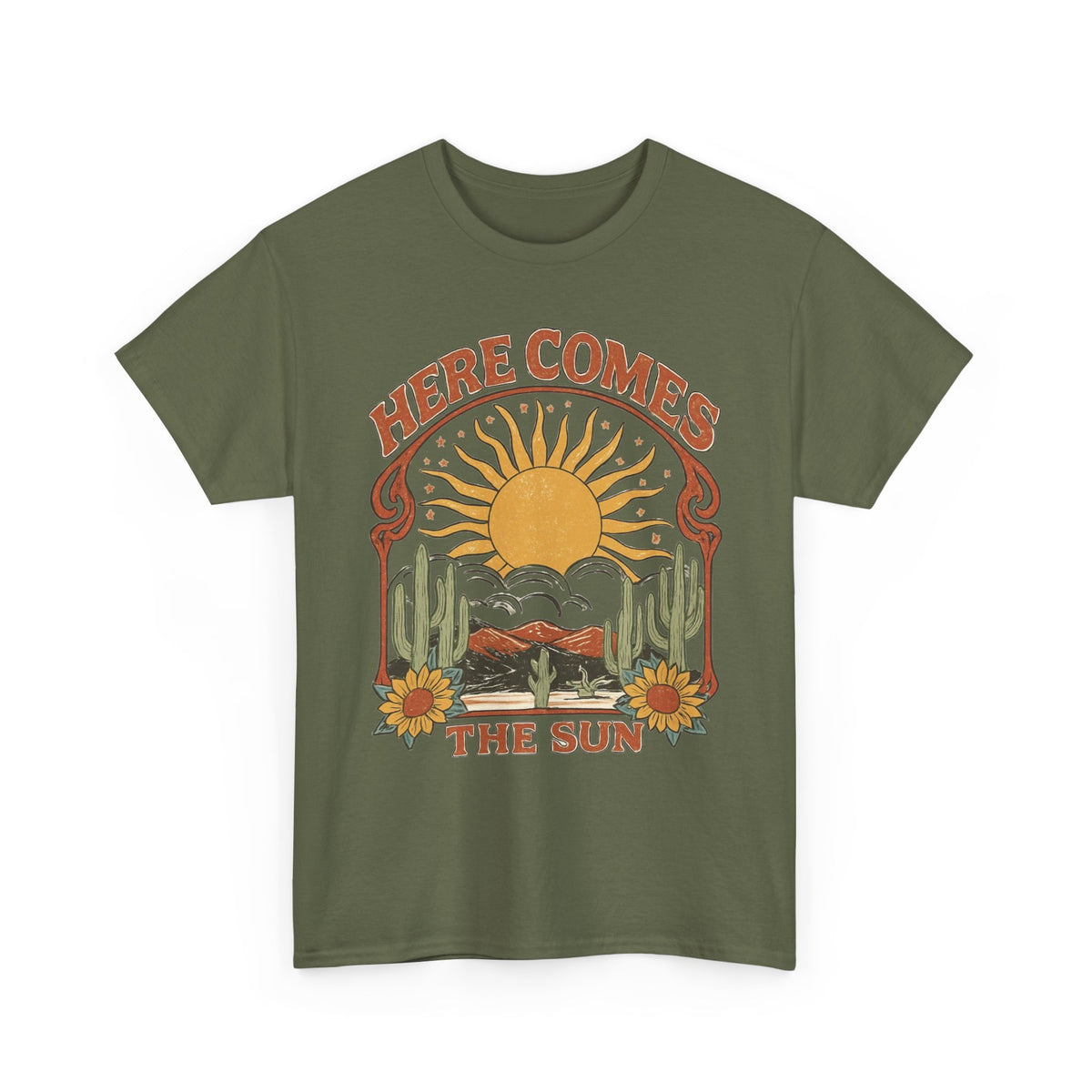 Here Comes the Sun Tee — Retro Desert Sunrise Graphic T‑Shirt