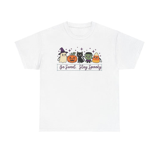 Halloween Cute Tee — "Be Sweet, Stay Spooky" Candy Corn & Pumpkin Design