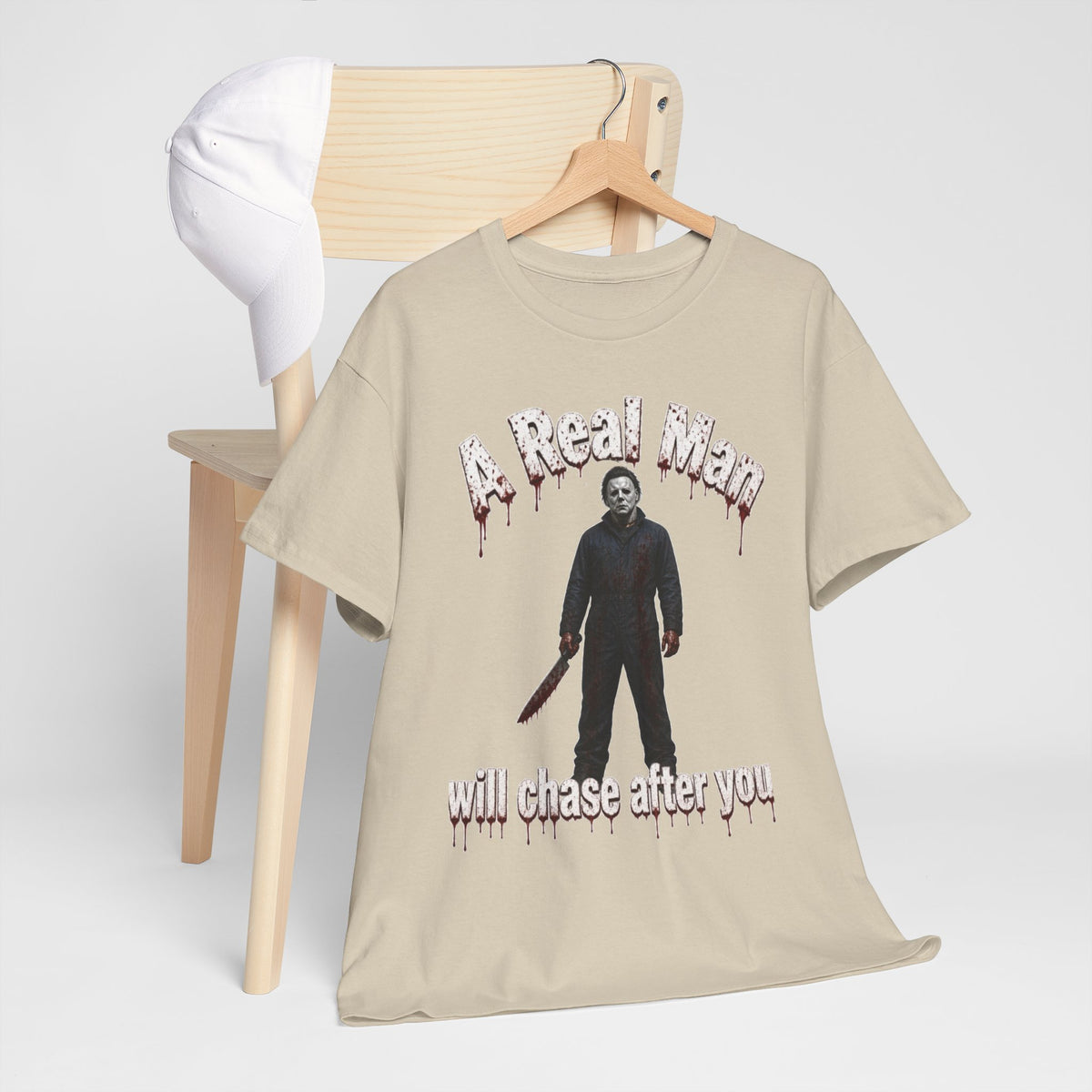 Horror Graphic Tee — "A Real Man Will Chase After You" Michael Myers Shirt