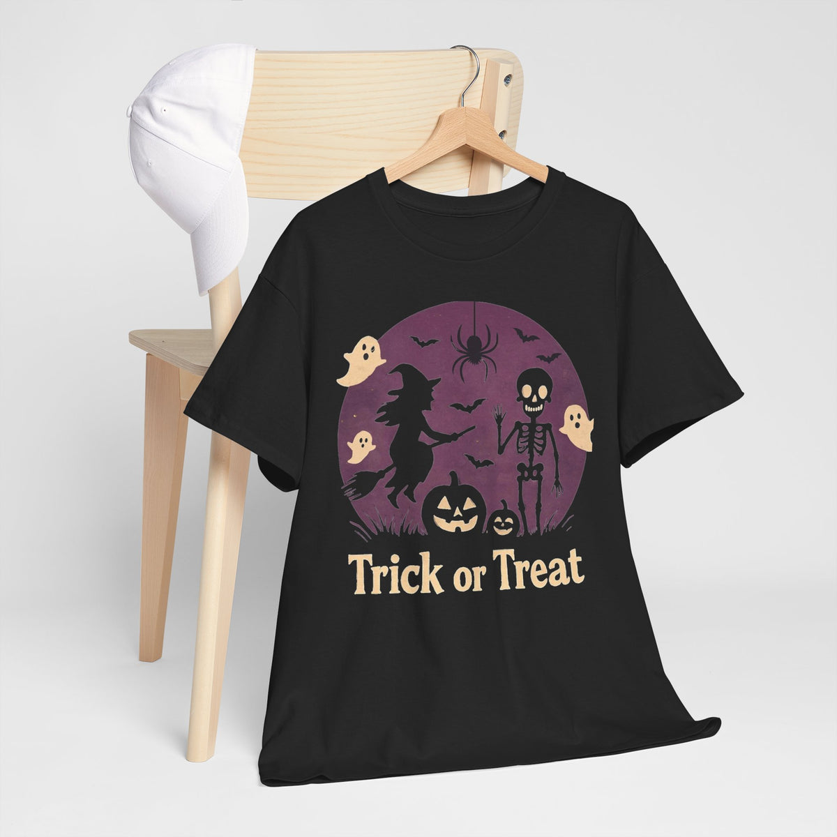 Trick or Treat Halloween T-Shirt — Witch, Skeleton & Ghosts Pumpkin Tee