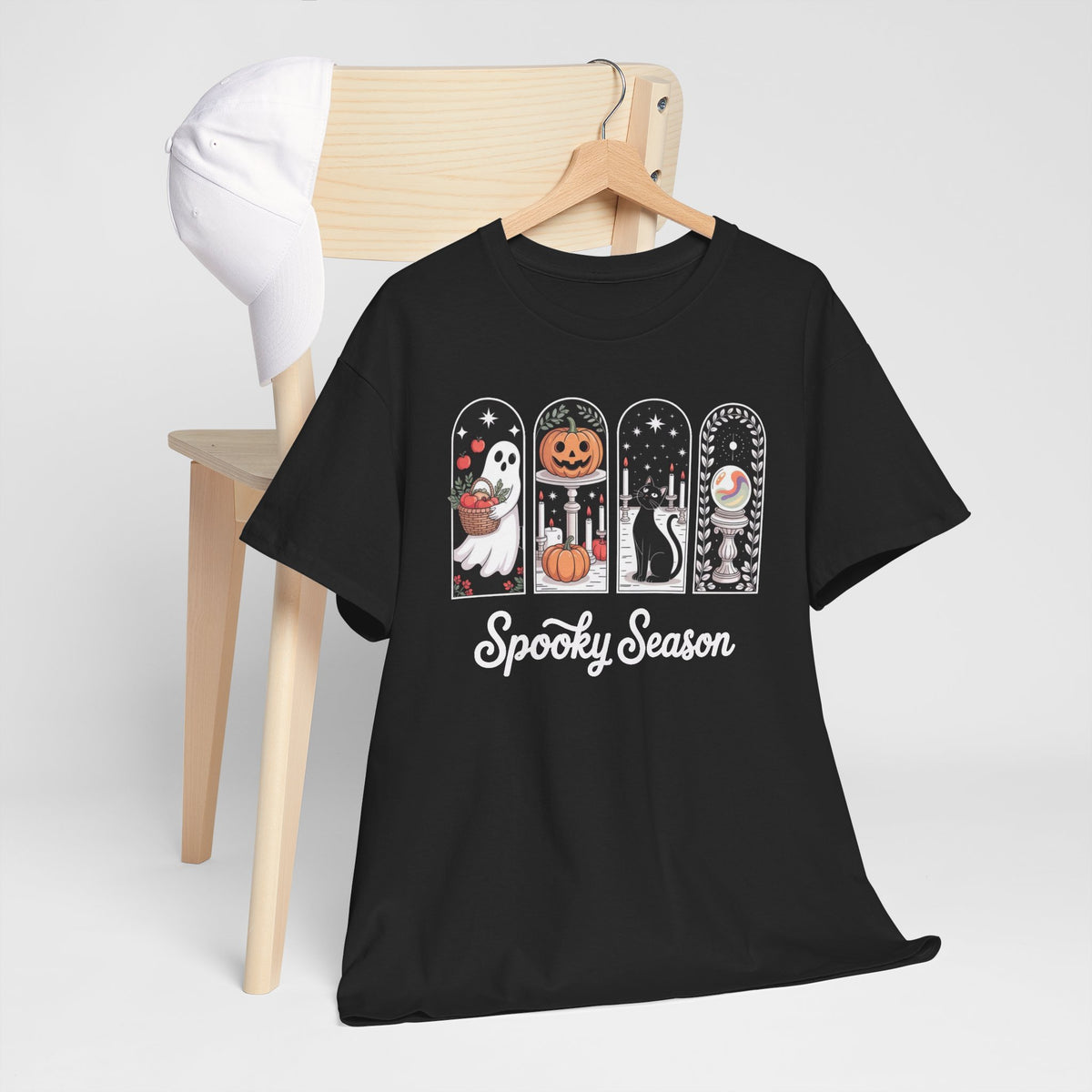 Halloween Tee — "Spooky Season" Ghost, Pumpkin & Cat Graphic T-Shirt