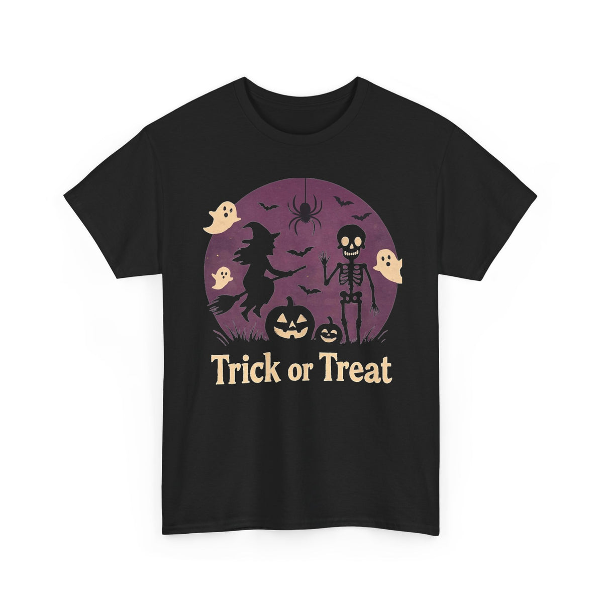 Trick or Treat Halloween T-Shirt — Witch, Skeleton & Ghosts Pumpkin Tee