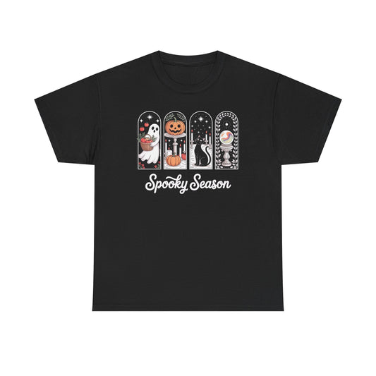 Halloween Tee — "Spooky Season" Ghost, Pumpkin & Cat Graphic T-Shirt
