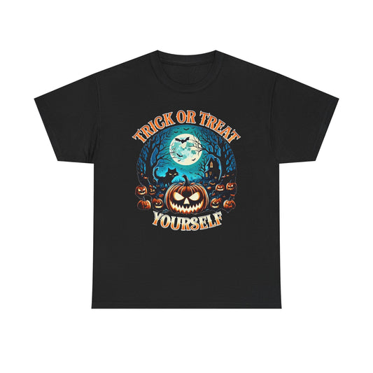 Halloween Tee — “Trick Or Treat Yourself” Pumpkin Night Graphic Shirt