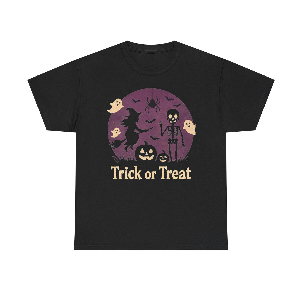 Trick or Treat Halloween T-Shirt — Witch, Skeleton & Ghosts Pumpkin Tee