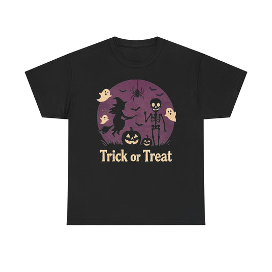 Trick or Treat Halloween T-Shirt — Witch, Skeleton & Ghosts Pumpkin Tee