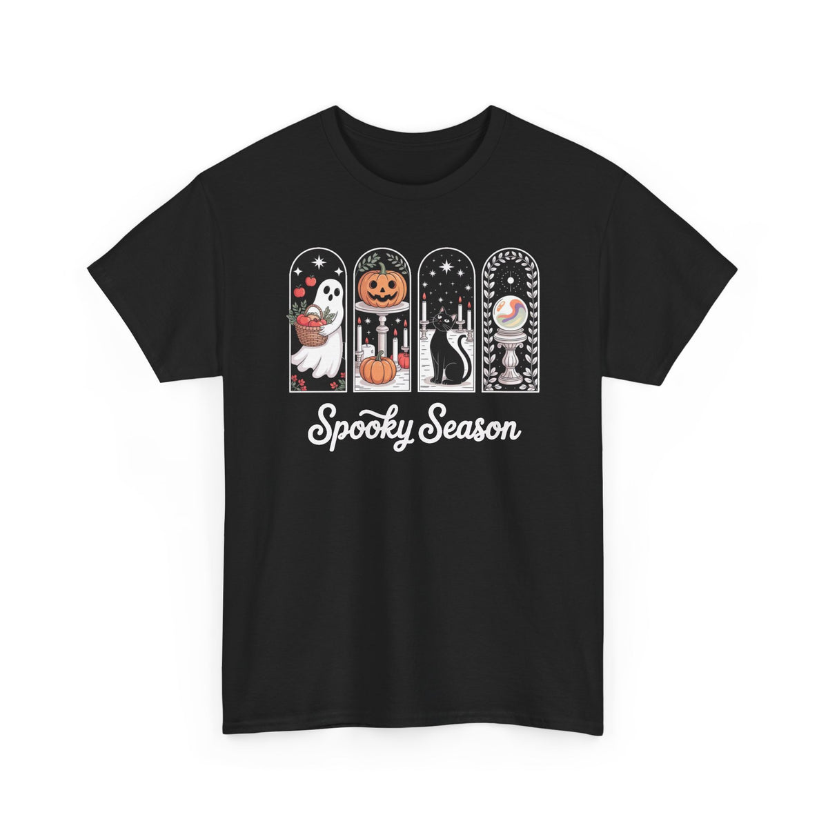 Halloween Tee — "Spooky Season" Ghost, Pumpkin & Cat Graphic T-Shirt